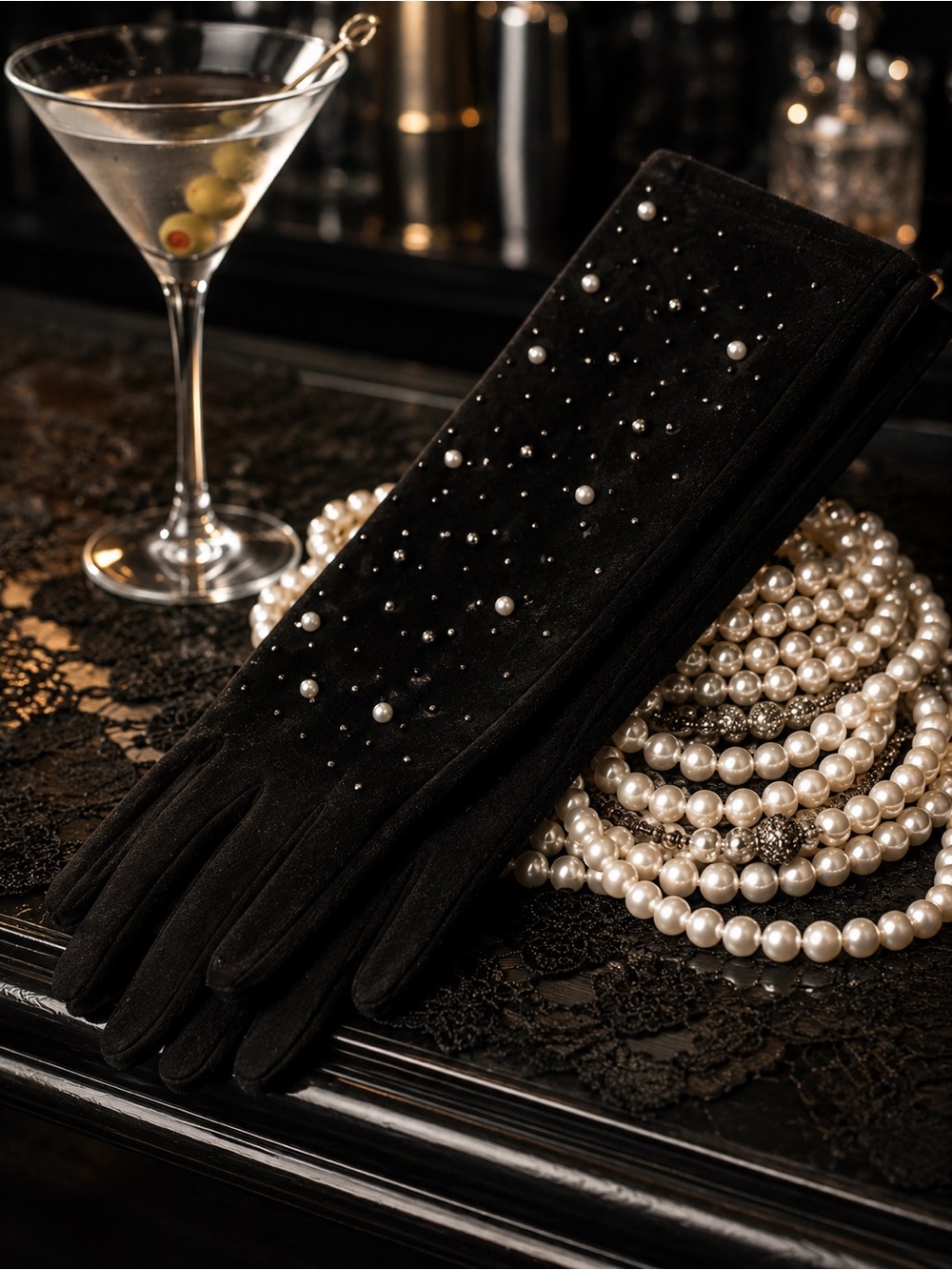 🆕😍Elegant Black Pearl-Embellished Opera Women's Gloves